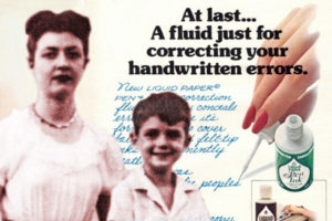 Ad for correcting fluid showing Bette Nesmith Graham and son