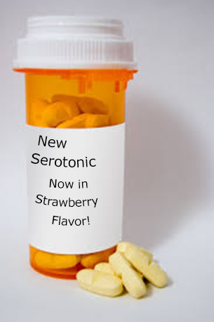 prescription bottle with fanciful title "new serotonic now in strawberry flavor!"