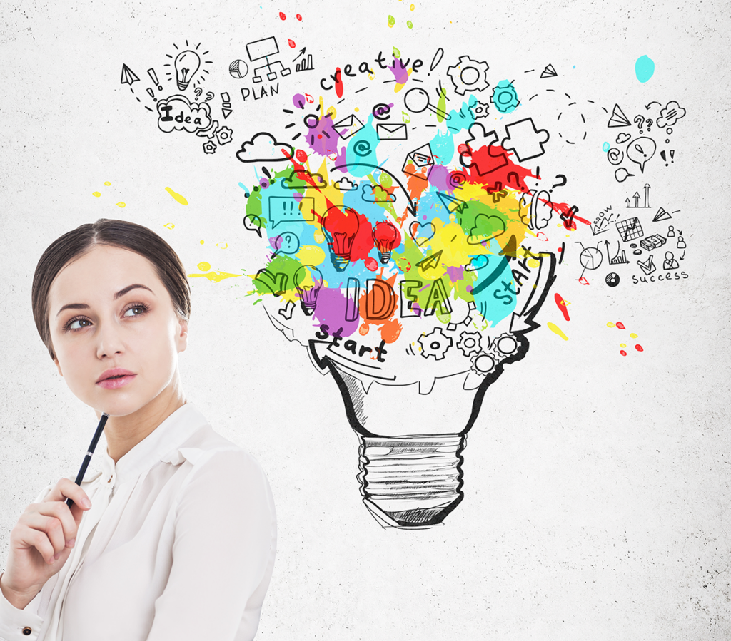 photo of young woman pondering ideas represented by a drawing of a lightbulb with stuff in it.