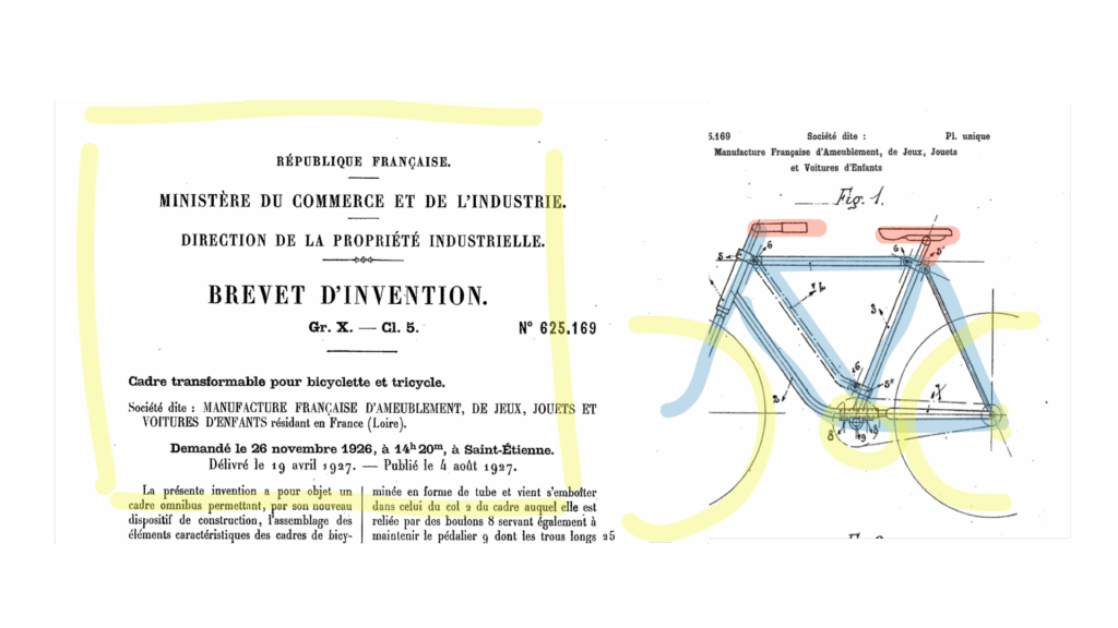 screen shot of french patent application "brevet" showing a bicycle on the right and the application title page on the left