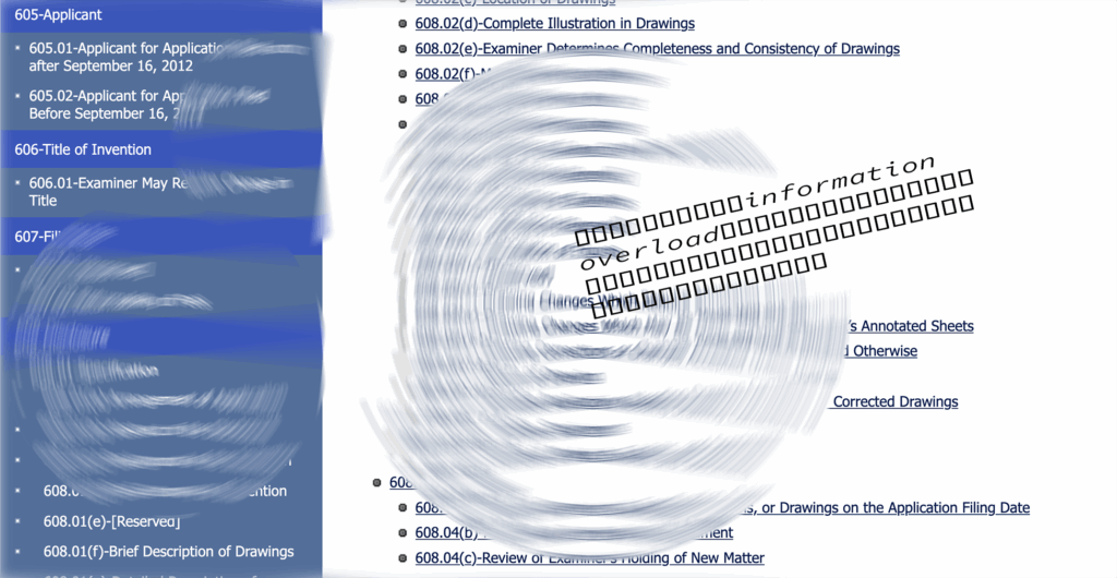 altered screen shot of uspto.gov page showing the MPEP, with the words "information overload" superimposed.