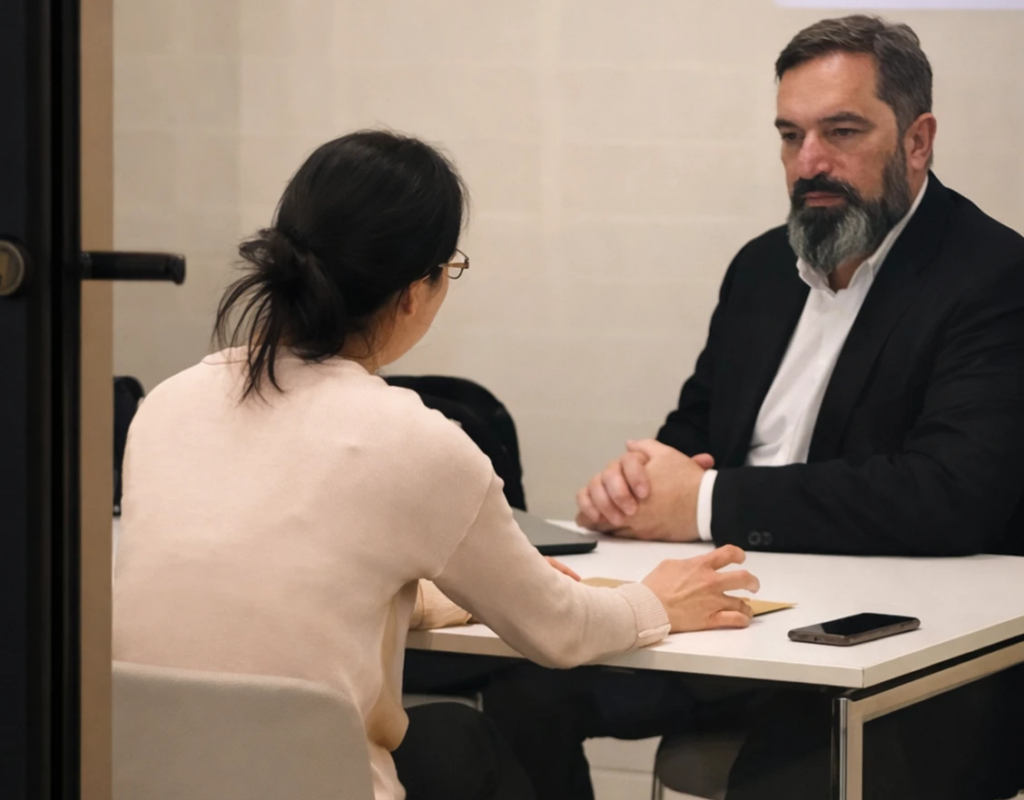 Two professionals discussing patent applications in a meeting room, highlighting Keeley DeAngelo's support for inventors in Rhode Island.