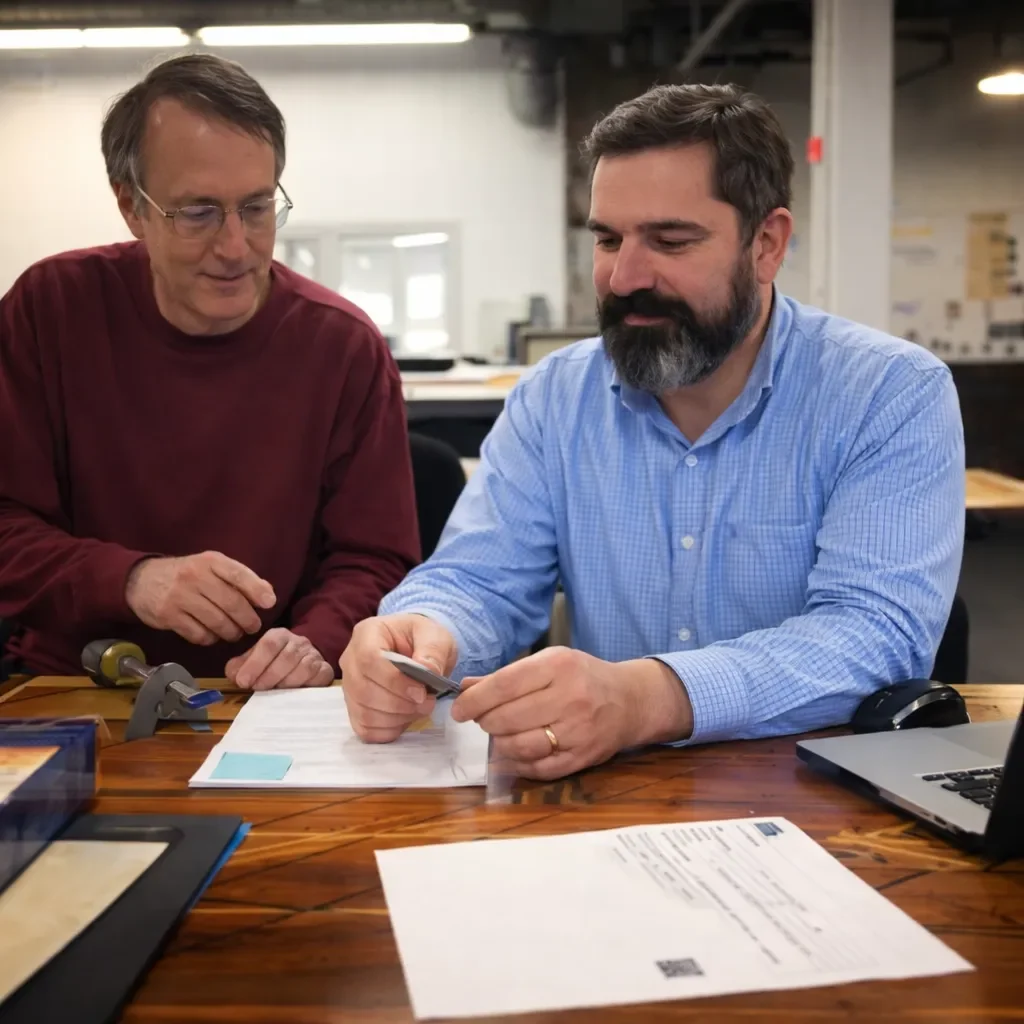two men sitting at a desk, testing a gadget.